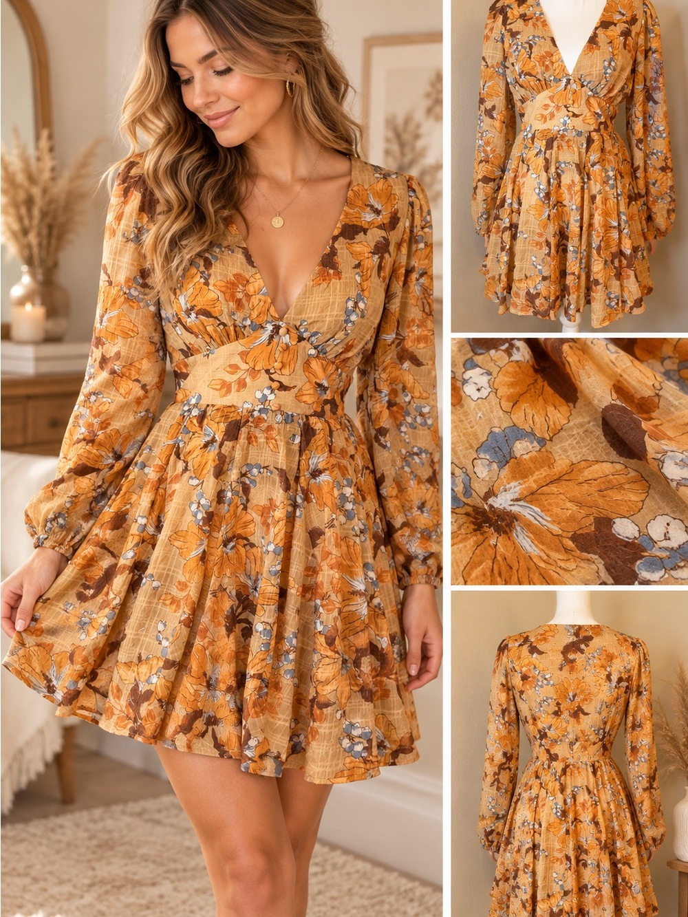 Flying Tomato Mustard Floral V-Neck Long Sleeve Mini Dress